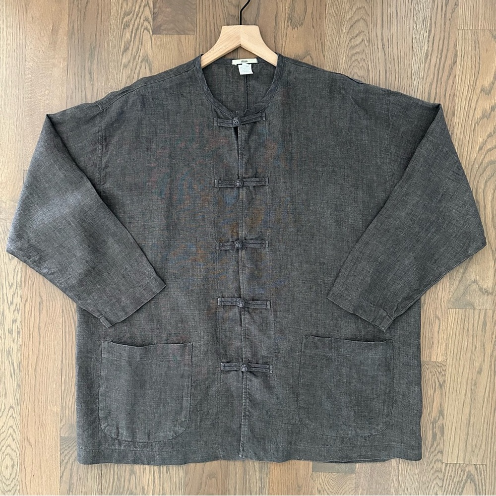 Dosa 100% Linen Crew Neck Chore Coat Jacket in Dark Brown Charcoal Size 3 M/L